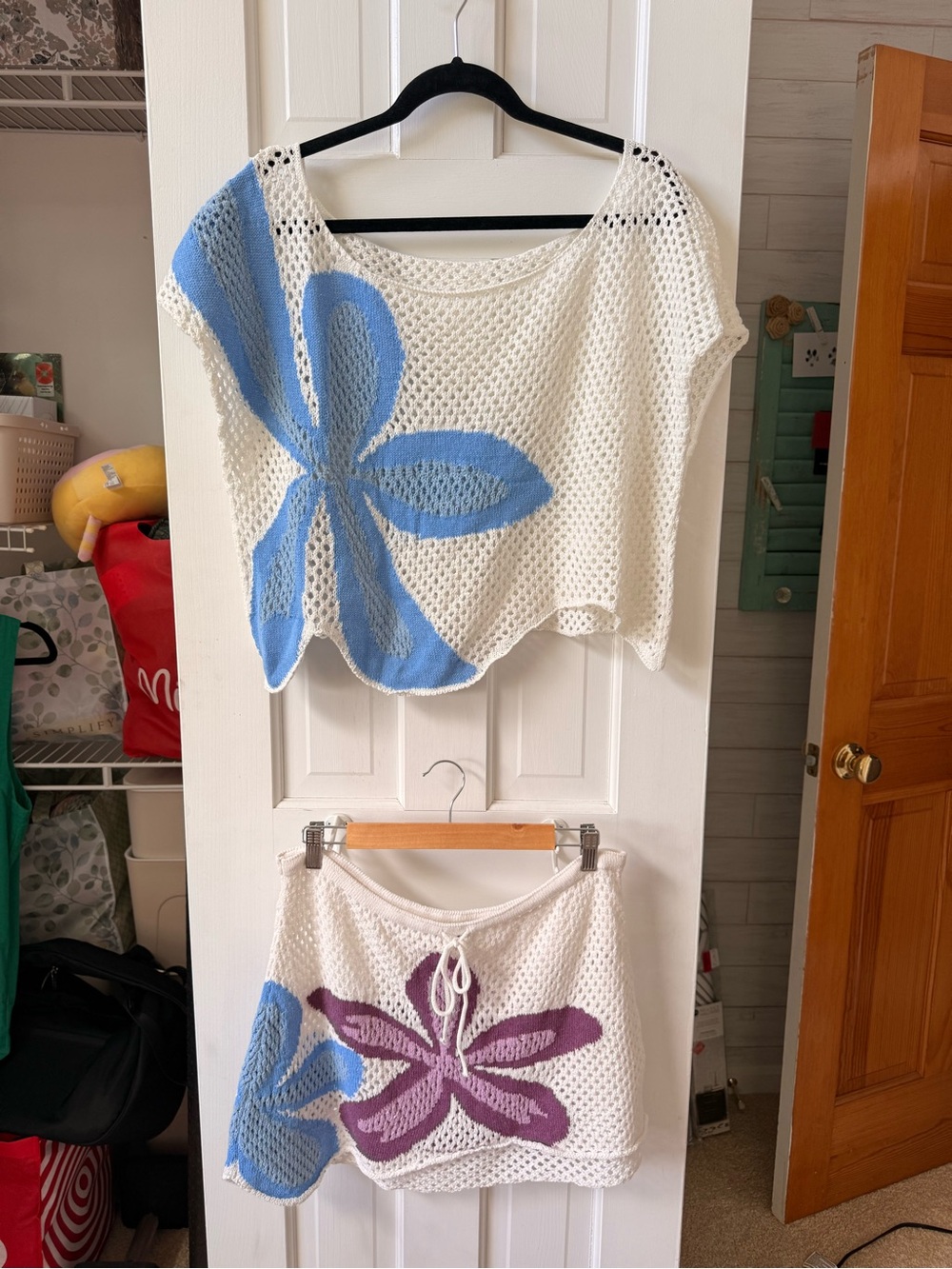 Women’s White Crochet Swim Coverup Set with Blue & Purple Floral
